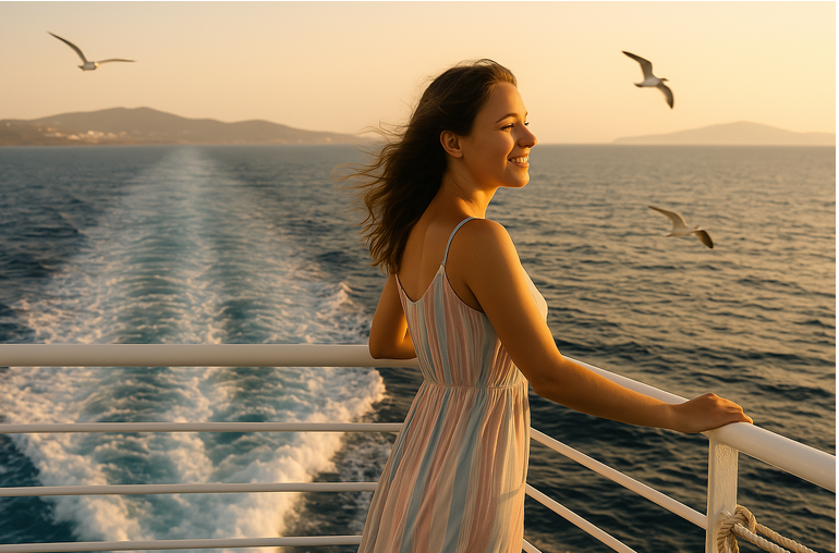 Ferry Trip From Athens To Mykonos Woman on a ferry deck looking at the beautiful scenery from Athens to Mykonos