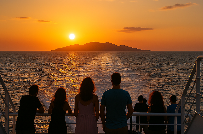 Athens To Mykonos By Ferry Sunset Beautiful sunset on a ferry ride from Athens To Mykonos