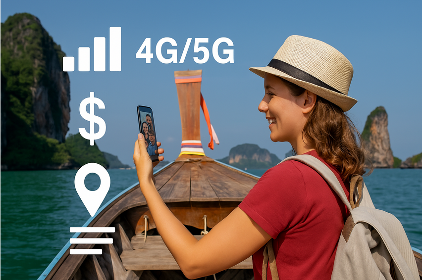 Thailand esim for Tourist A traveler on a boat in Krabi, phone in hand, streaming a video or video chatting with family. A signal bar overlay shows full connectivity. Icons for 4G/5G, affordability ($), and maps/data use float above.
