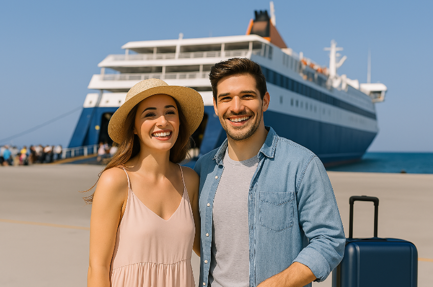 athens to mykonos by ferry lots of fun Man and Woman Smiling at an Athens Greece Ferry Terminal